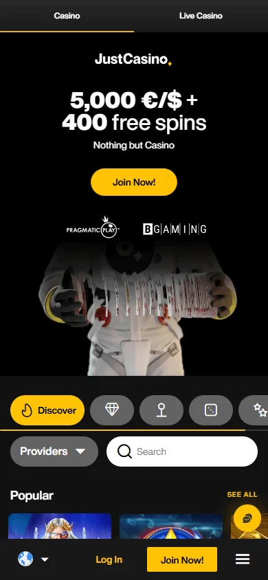 JustCasino casino experience on a mobile browser