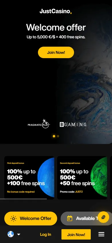 JustCasino promotions on a mobile browser