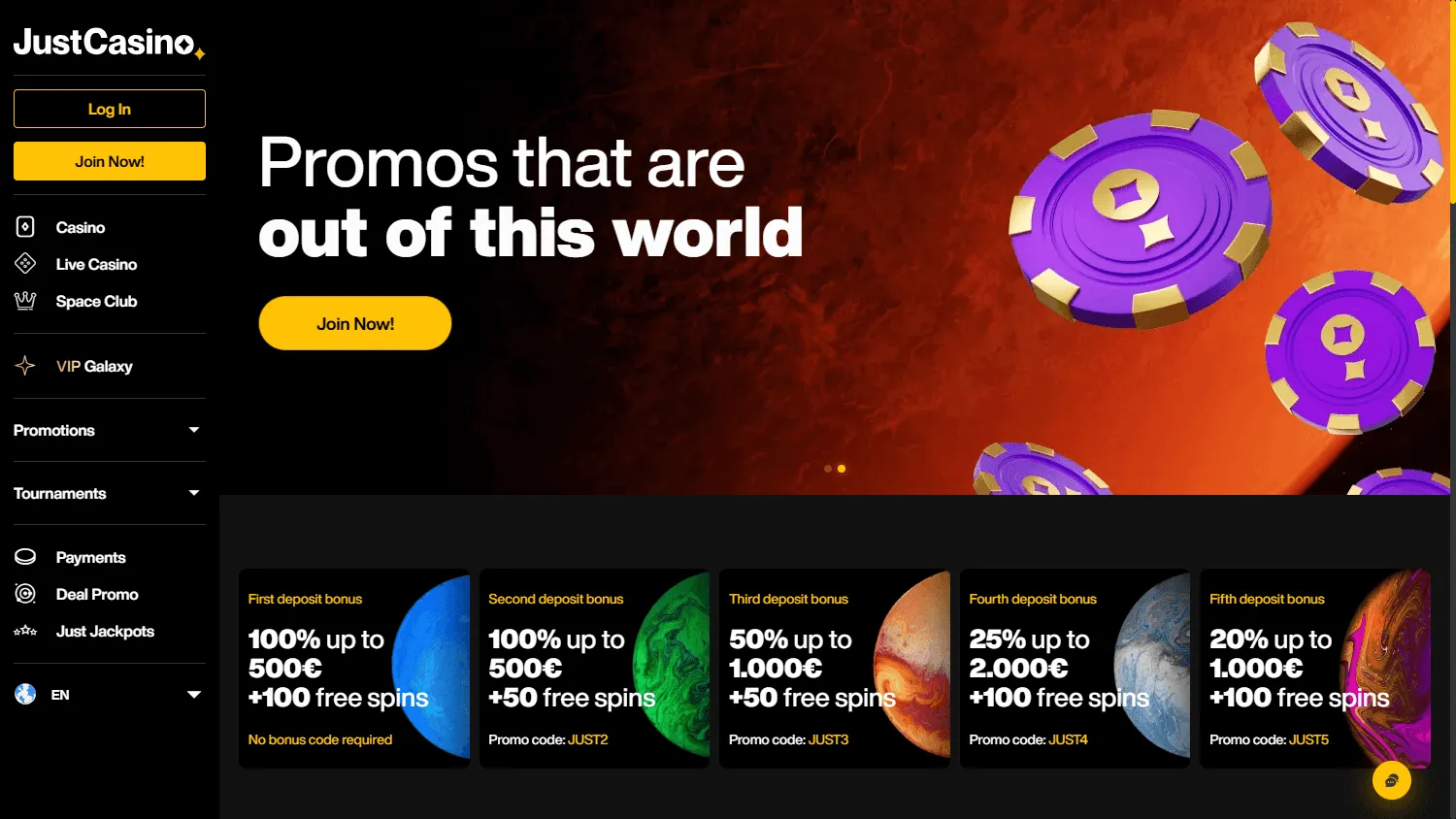 JustCasino promotions on desktop